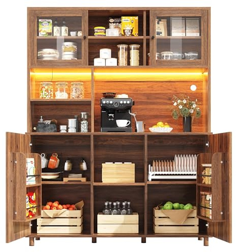 Lahoomu Hochschränke fürs Wohnzimmer(140×40×185cm), Küchenschrank, Esszimmerschrank mit Schubladen, Schränke mit LED-Beleuchtung, Schranktür mit Snackablage,Walnussfarbe