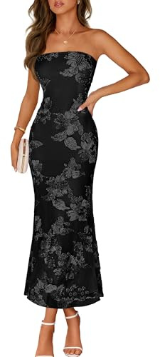 MEROKEETY Women's Floral Strapless Maxi Dress 2026 Summer Mesh Tube Bodycon Formal Wedding Guest Cocktail Party Long Dresses, Black, Medium