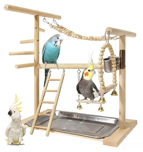 Parcos Giochis Per Pappagallis,44*36*23CM Trespolo Per Pappagalli Con Scala, Altalena,Parrot Parco Giochi In Legno,Parco Giochi Uccelli Per Fringuelli,Calopsitte,Pappagalli,Calopsitte,Pigne,Arac