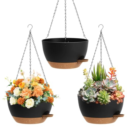 Meenewching 3 Pezzi Fioriera Appendibile, Vaso Appendibile da 25 cm con Sottovaso e Fori di Drenaggio, Vaso Appendibile in Plastica per Balcone, Soggiorno e Giardino, Interno e Esterno, Nero