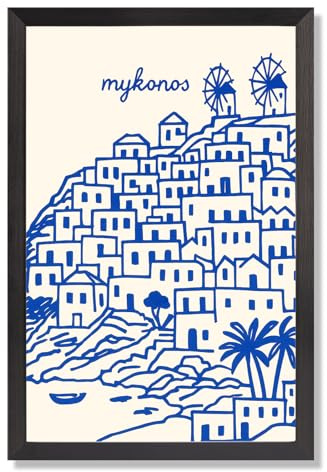 Black Framed Flat Travel Poster Retro Navy Blue Village With Windmills And Palm Tree Canvas Wall Art City Coastal Prints For Home Bedroom Dorm Wall Decor 12x16in Black Framed Flat