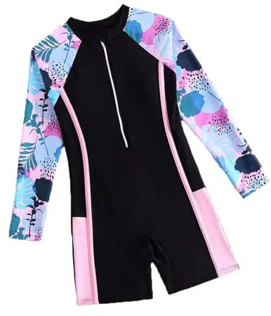 Generisch Bañador de manga larga Rashguard para niña, protección solar UPF 50, traje de baño de dos piezas con cobertura cómoda para niños, Negro , 7-8 años