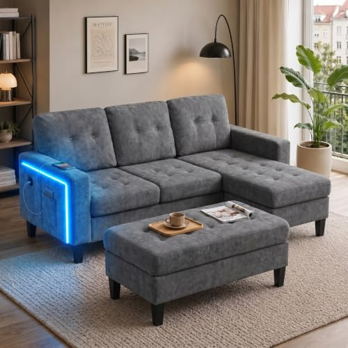 Ecksofa L-Form mit Schlaffunktion & XXL Hocker, Modulares Sofa Chenille mit LED-Beleuchtung & USB, 3-Sitzer Couch Wohnzimmer, Multifunktionales Schlafsofa für kleine Räume, 185x135x85 cm, Antikgrau