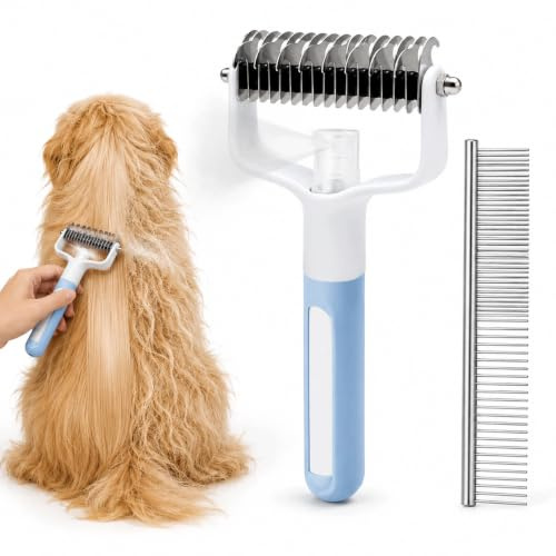 Dual-Sided Pet Dematting Comb with Spray, Professional Dog Grooming Rake & Deshedding Brush Design, Pet Grooming Tool for Cats Dogs, Removes Knots & Tangled Hair for Long Haired Small Large Pets