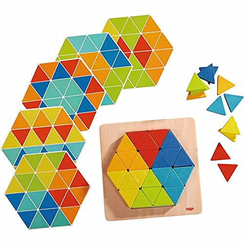 HABA 301703 - Legespiel Zauberdreiecke, Mit 36 Dreicken und 6 doppelseitig bedruckten Vorlagenblättern, Fördert Kreativität und Feinmotorik
