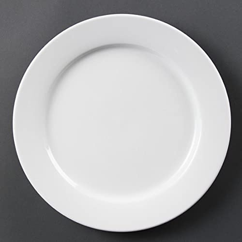 Olympia Whiteware Wide Rimmed Plates 280mm, Porcelain White Pack of 6 | Rolled edges provide chip resistance for constant commercial use, while oven, freezer and dishwasher safety adds versatility.