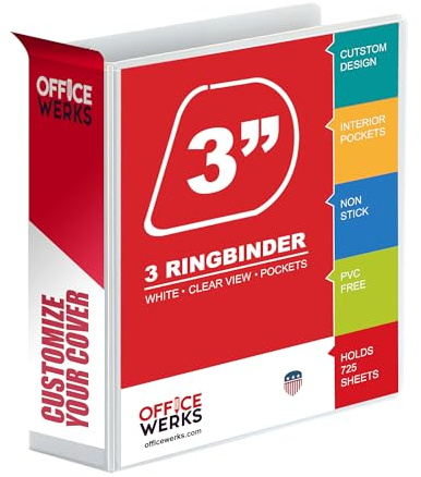 3 ringpärmar, 3 lutande D-ringar, vit, klar visning, fickor