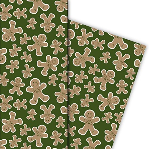 Kartenkaufrausch Leckeres Weihnachtspapier, Geschenkpapier Set zu Weihnachten mit fröhlichen Lebkuchen Männern, grün, für tolle Geschenk Verpackung, Designpapier, 4 Bogen, 32 x 48cm