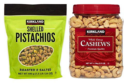 Kirkland Signature Shelled Pistachios and Cashews Bundle - Includes Kirkland Signature Shelled Pistachios (1.5 LB) and Whole Fancy Cashews (2.5 LB)
