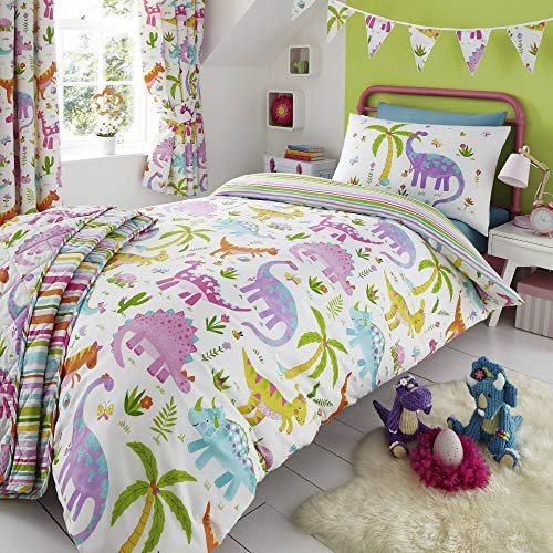 Happy Linen Company Kids Girls Dinosaur Park Jurassic Pink T-Rex Dino White Reversible Double Bedding Duvet Cover Set