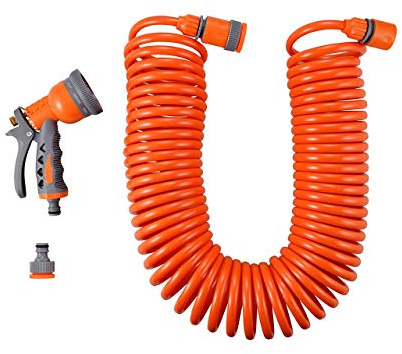 Fuxtec Spiralschlauch-Set 15 m: Gartenschlauch zum Wässern von kleinen Flächen,Pflanzen und Blumen auf Terrassen und Balkonen, inkl Gartenbrause,2 Schlauchstücken und Hahnstück