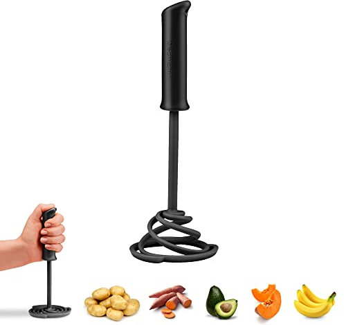Dreamfarm Smood Lite | One-Handed Press Vegetable & Potato Masher with Soft Grip and Bowl Scraper | Nylon | Black