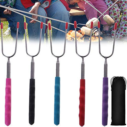 BETOY Grillspieße, 5 Stück Barbecue Gabel Edelstahl Grillspieße Outdoor Grillspieße Marshmallow BBQ Sticks Set Ausziehbar 24cm-85cm für Lagerfeuer, Camping Barbecue,Lila, Blau, Rot, Schwarz, Rot
