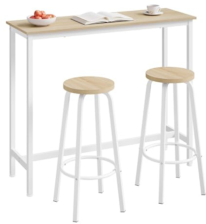WOLTU Set Mesa de Bar y 2 Taburetes, Muebles de Bistro de Comedor para Salon, Barra Cocina con Estructura de Metal, 120x40x100cm, Blanco + Roble Claro