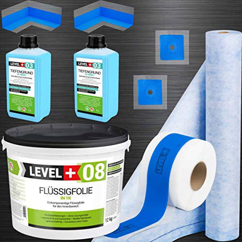 Dicht-Set 12Kg Flüssigfolie, 2m Dichtbahn, 10m Dichtband, 2 Innenecken, 2 Wandmanschetten, 2L Tiefengrund, Dusche, Bad, Küche SET330