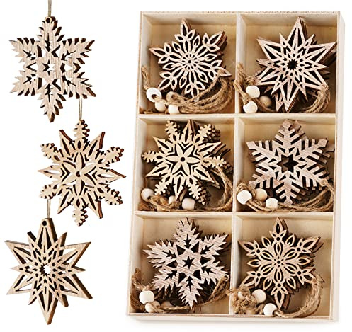 HOUISM 24Stück Weihnachtsbaumschmuck Holz Schneeflocken Anhänger, Christbaumschmuck Holz Weihnachts-Anhänger Hängeornamente Retro Verzierung Deko