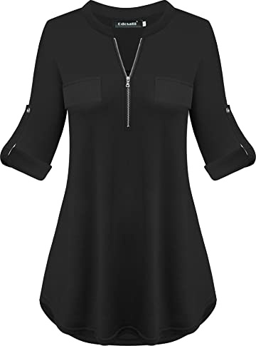 Odosalii Women's Plaid Tunic Blouse with Zip Up V Neck and Floral Print, Long/Short Sleeve Polo Top