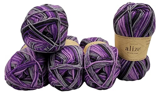 Ilkadim Export Wooltime 11013 - Ovillos de lana para calcetines (5 unidades, 100 g, 75 % lana Superwash, 500 g), para tejer calcetines y medias (negro, morado, gris 11013)