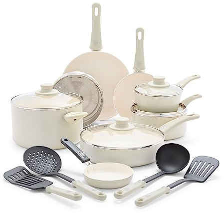 GreenLife Soft Grip 16 Piece Cookware Set, Non-Toxic PFAS-Free Ceramic Nonstick, Frying, Sauce, Saute, Utensils, Glass Lids, Stay-Cool Handles, Wobble Free, Dishwasher & Oven Safe, Cream
