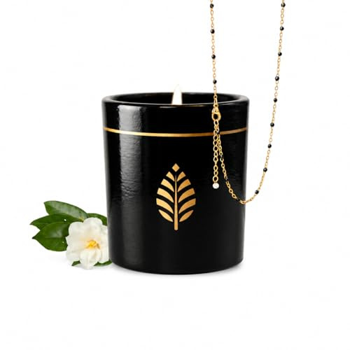 Les Merveilleuses | Bougie Bijou | Parfum Fleur de Thé | Céramique Noir | Collier Perles Noires Plaqué Or 18 Carats | Cire de Colza 100% Naturelle | Cadeau Femme | Made in France | 470g