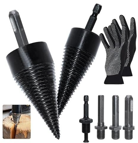 Set di spaccalegna da 42 mm + 32 mm, spaccalegna con 4 manici per trapano, spaccalegna per legna da ardere, cono per legno spaccalegna per trapano