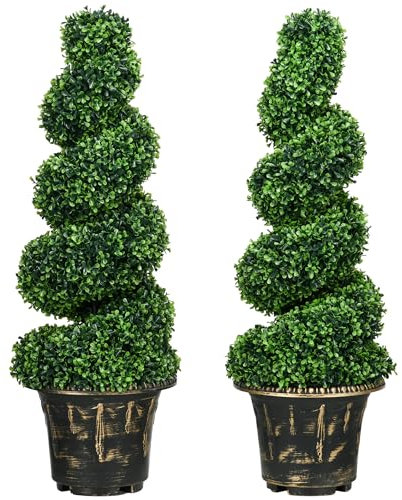 HOMCOM Set of 2 Decorative Artificial Plants Topiary Spiral Boxwood Trees in Pot, Fake Plants for Home Indoor Outdoor Decor, 90cm, Green