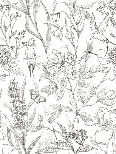 Auspicium Schwarze und weiße Blumen abziehen und kleben Tapete selbstklebende abnehmbare Vintage Blumentapete Vinyl Blumen Kontakt Papier für die Dekoration Schlafzimmer Bad Haus Wände (17,3 x118)