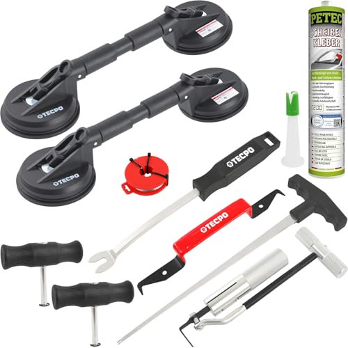 TECPO Scheiben Ausbauwerkzeug Set + Gummi Dopppelsauger Ø118mm + Scheibenkleber, 310ml