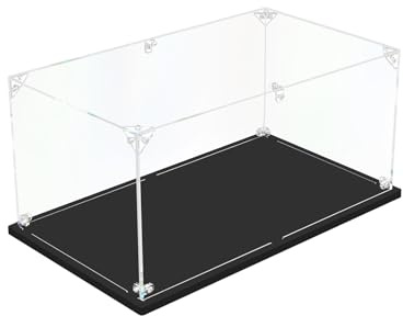 DOFOPO Acryl Vitrine Schaukasten Selbstmontage Klar Acrylbox 25 x 15 x 10cm | Kleine staubdichte Transparente Display Case für 1:24 Modellautos; mit Schwarzer Basis; Handschuhe Putztuch