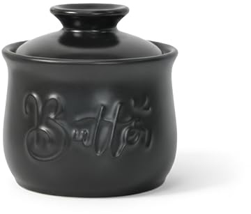 MAIA Buttertopf aus Keramik, 156 ml, mit Wasser-Butterstreuer, Halter für streichbare Butter, französische Butterdose mit Deckel, Butterbehälter auf Küchentheke, schwarze Küchendekoration