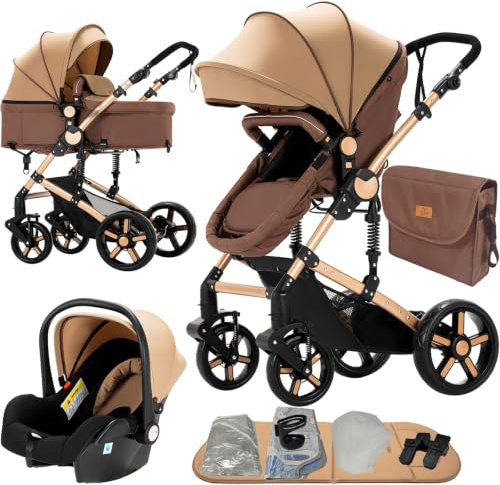 Nine point nine Kinderwagen 3 in 1, Kinderwagen Set mit Umkehrbarem Doppelschiebemodus, Kombikinderwagen 3 in 1 mit Großer Bequemer Babywanne, Kinderwagen Rahmen Aluminiumlegierung (588 Khaki)