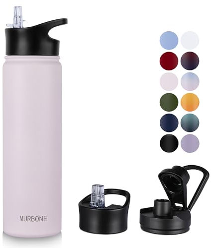 MURBONE Insulated Water Bottle, 750ml Stainless Steel Drink Flask with Straw, BPA Free, 2 Lids (Straw Lid and Spout Lid), Leakproof Double Walled Vacuum Water Bottle, Pink
