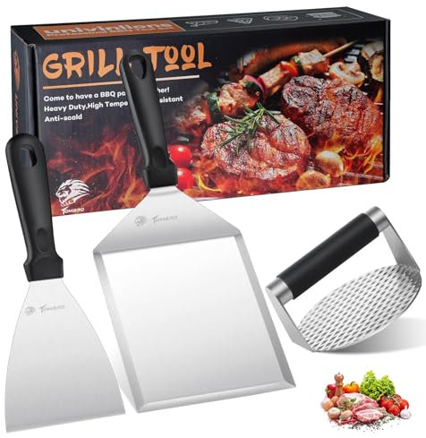 TOMBRO 3 PCS Barbecue Smash Burger Set,Stainless Steel Burger Press,Including Large Spatula,Professional Spatula,Burger Smasher,Grillspachtel Gifts for Men