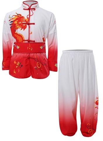TiaoBug Kids Boys Girls Kung Fu Tops and Jogger Pants Belt Set Martial Arts Performances Costume Tai Chi Clothes Red 5-6 Years