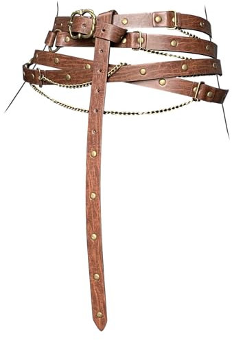 HiiFeuer Mittelalterlicher DIY-Kunstleder-Metallkettengürtel, Vintage Verstellbarer dünner Gürtel für Frauen, Retro Skinny Gürtel für Kleider (Braun A)