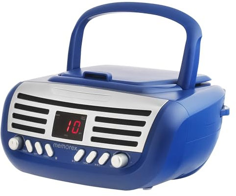 Memorex Boombox de CD portátil retro de carga superior con radio estéreo AM/FM en azul | Compatible con CD-R/CD-RW | Pantalla LED | Puerto AUX compatible | Reproductor de CD programable