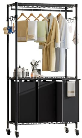 Solerconm Panier à Linge à Roulettes 3 Compartiments, Chariot à Linge avec Porte-Vêtements Suspendu, Tri Linge avec Sacs Amovibles, Organisateur de Panier à Linge Buanderie, Salle de Bain ou Chambre