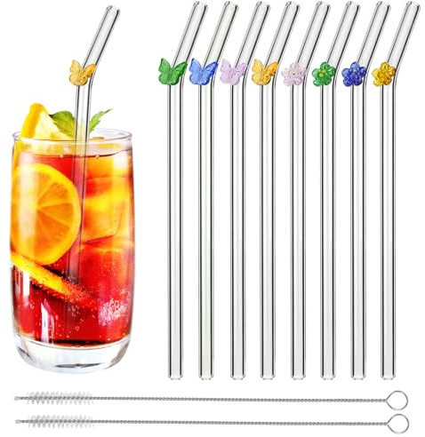 Hejo 8 Stück Glasstrohhalme mit Motiv, Strohhalme Glas Lang | Mehrweg Glas Strohhalm Gebogen, Glastrinkhalm mit Blumen ＆ Schmetterling, mit 2 Reinigungsbürsten für Milch Saft Kaffee