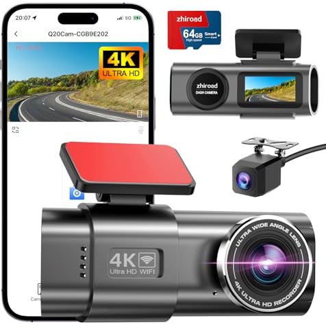 Dashcam Auto Vorne Hinten 4K+1080P,WiFi Dashcam mit Parküberwachung,64G SD Karte,Super Nachtsicht, WDR, 170°+140° Weitwinkel, 1.47“ IPS-Bildschirm,G-Sensor, Loop-Aufnahme, APP Steuerung
