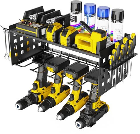 Yeabett Organizer per utensili elettrici a 2 strati, scaffalatura per 4 trapani, resistente, da parete, per garage, casa, officina (nero)