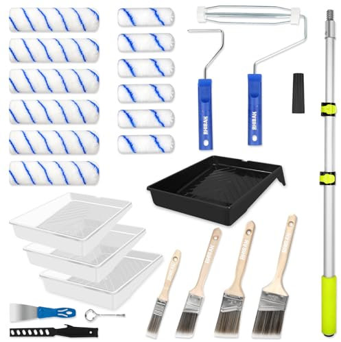 Rhibak Paint Roller Kit with Extension Pole, 27 Piece Set, 2 to 4 Ft Pole, 49 Paint Rollers, Paint Brushes Set for Professional Painting,House Paint Roller for All Latex and Oil Paints & Stains
