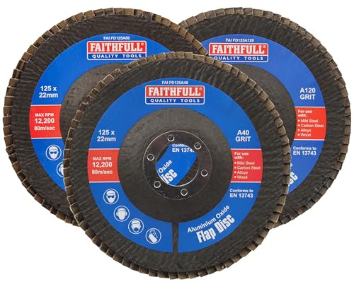 Faithfull FAIFD125AM3 - Set di dischi lamellari in ossido di alluminio da 125 mm, grana 40/80/120, dischi per smerigliatrice angolare per levigatura di acciaio, legno, leghe, 3 pezzi