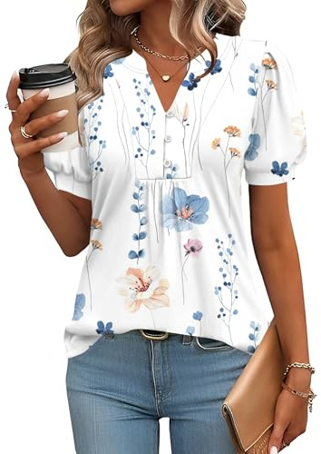 Rapbin Bluse Damen Elegant Puffärmel Oberteil Tunika V-Ausschnitt T-Shirt Sommer Casual Top Weiß mit Druckmuster XL