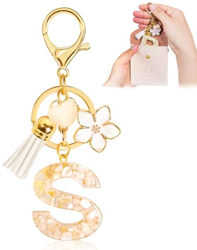 Fengguock Schlüsselanhänger Schlüssel Buchstabe Anhänger Schlüsselanhänger mit Anfangsbuchstaben Herzförmig Mädchen Keychain mit Blume Geschenk für Mädchen