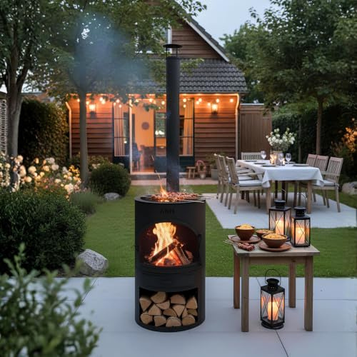 Terrassenofen - Gartenofen - Grill - Terrassenkamin - Gartenkamin mit Grill - Schwarz