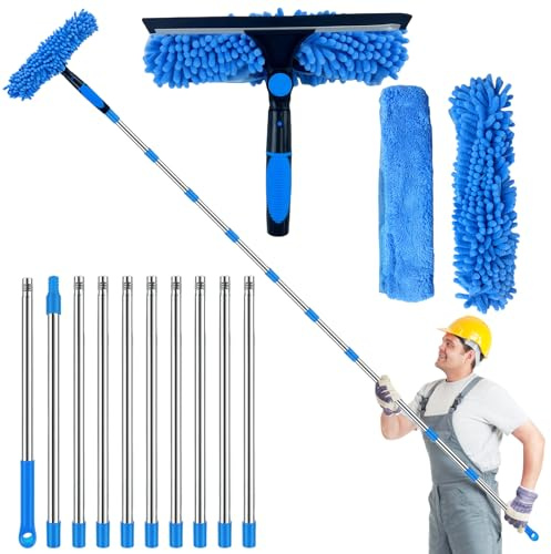 Window Squeegee Cleaning Equipment, 4.5M Extendable Window Cleaning Pole for Glass, Silicon Scraper and Microfiber Pad Combo, Professional Cleaner Kit for Indoor/Outdoor High Window Car Home (Blue)