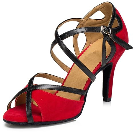 Hixingo Scarpe da Ballo Latino Donna Tacco 8CM, per Le Donne Tacchi Bassi per Salsa Jazz Ballroom,Sala da Ballo Partito, Salsa Danza Pratica Prestazioni Scarpe (X085 Rosso,34)