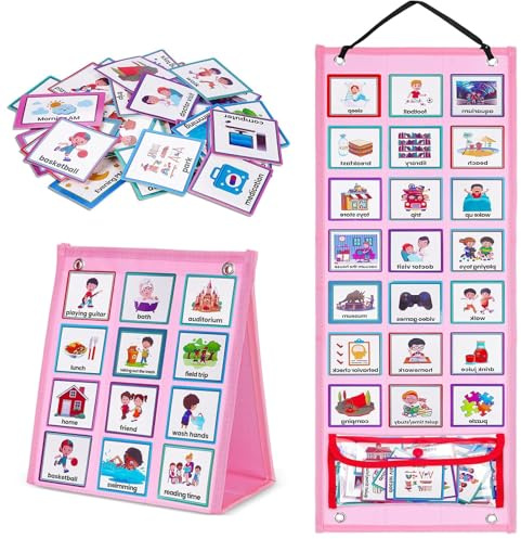 Visual Timetable, Children Visual Daily Routine Chart with 96 Picture Cards, Visual Now and Next Board Learning Aid Tool to Support Communication, Routine and Transition(Pink)