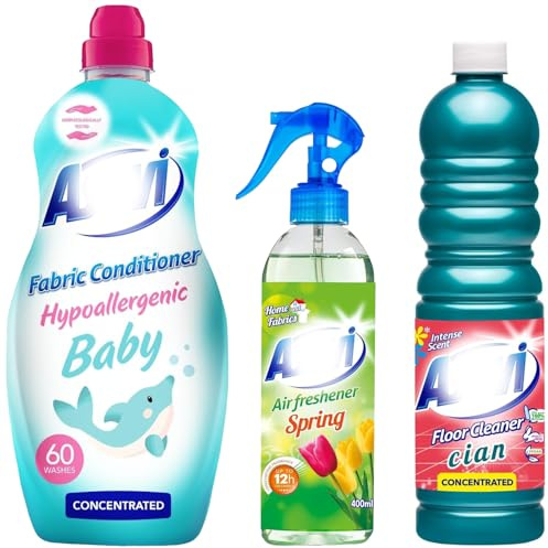 3 Piece Household Spanish Cleaning Bundle – Green Spring Fresh Air Freshener 400ml, Cian Floor Cleaner 1L, Baby Fabric Softener 60 Washes – Long Lasting Scent, Powerful