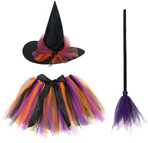 Meleager Disfraz Bruja Niña, Disfraz Halloween Niña Bruja con Falda de Tul, Sombrero, Escoba, para Halloween, Carnaval, Cosplay